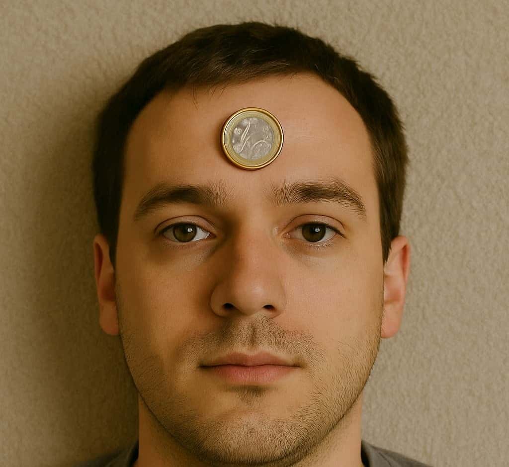 Person mit einer Münze auf dem Kopf Münzkopfschmerzen