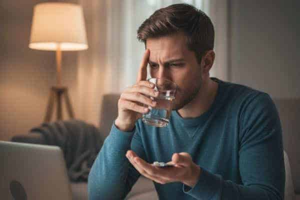 Mann nimmt Medikamente gegen pulsierende Kopfschmerzen